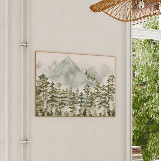 Gräs Forest and Mountain Watercolor Poster (In-Context, Modern Interior)