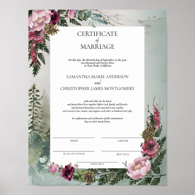 Gräs Forest Burgundy Ro certifikat för Giftermål Poster (Framsidan)