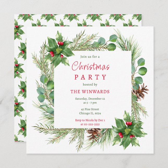 Gräs Grenar och Berries jul Party Inbjudningar (Fram/baksida)