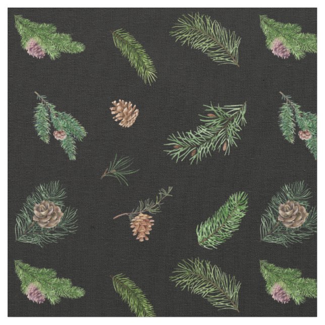 Gräs Grenar och Pinecones Forest Black Tyg (Närbild)