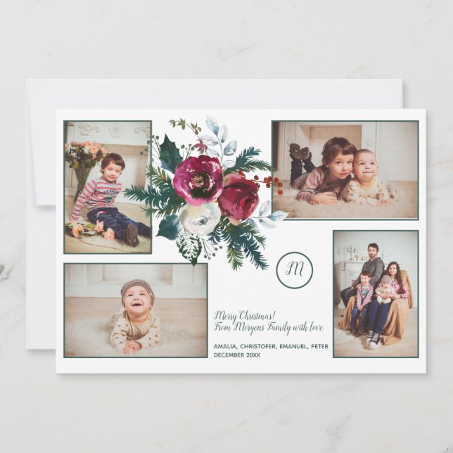 Gräs Grönt julklassy Monogram Photo Collage Julkort (Framsida)