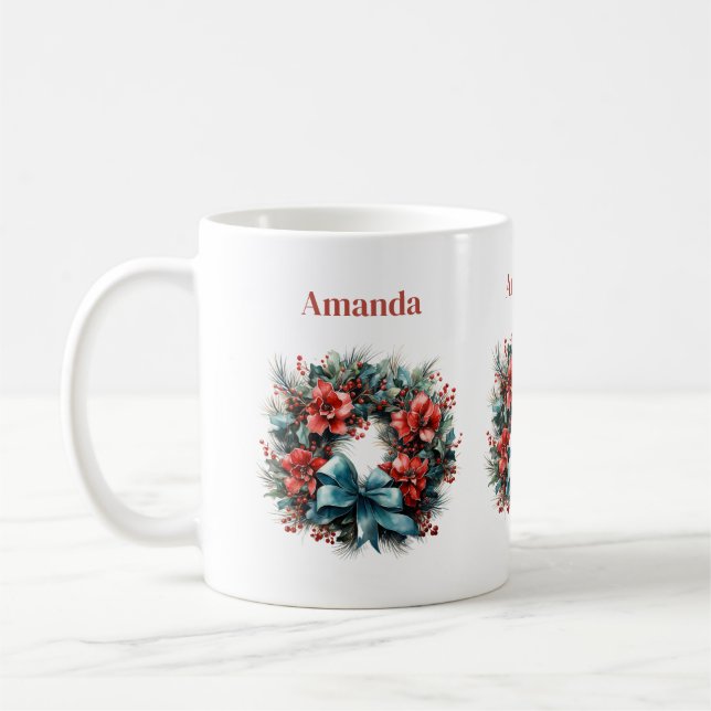 Gräs-krans med rödblommor och Holly Kaffemugg (Vänster)