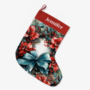 Gräs-krans med rödblommor och Holly Stor Julstrumpa