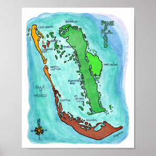 Gräs ön Sanibel Captiva öarna Florida Karta Poster