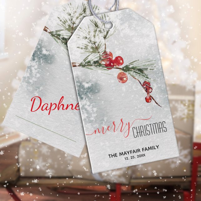 Gräs Sprig Red Berries Snowstorm God jul Presentetikett (Pine Sprig Red Berries Snowstorm Merry Christmas Holiday Gift Wrapping Name Tag)