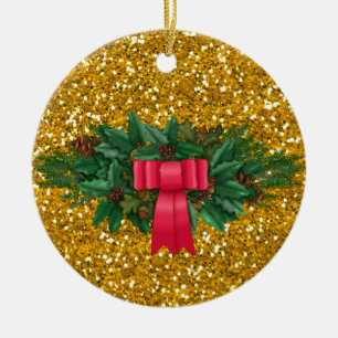 Gräs Swag Rött skägg Faux Guld Glitter Helgdag Julgransprydnad Keramik