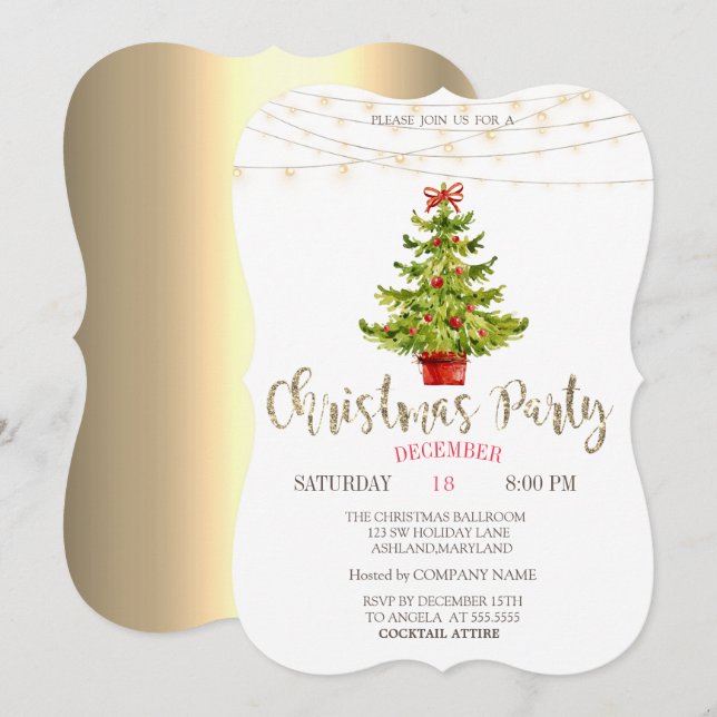 Gräs Träd, Bollar, Ljus Guld, julen Party i Inbjudningar (Fram/baksida)