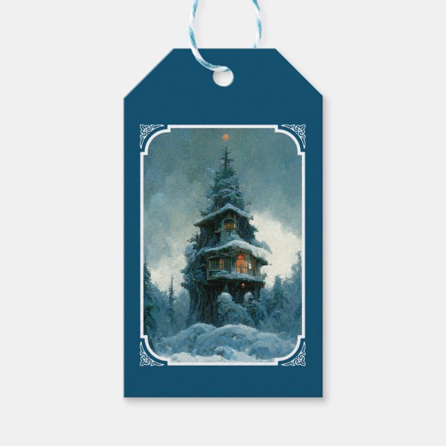 Gräs Träd House in Winter | JULGRAN Presentetikett (Framsidan)