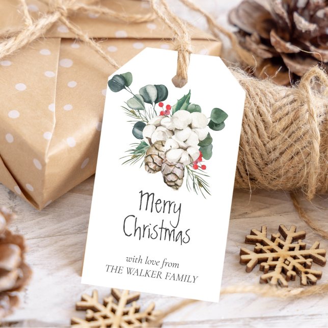 Gräs träd med krukor, vinterbär, bomullsknoppar presentetikett (Pine tree with cones, winter berries, cotton buds gift tags)