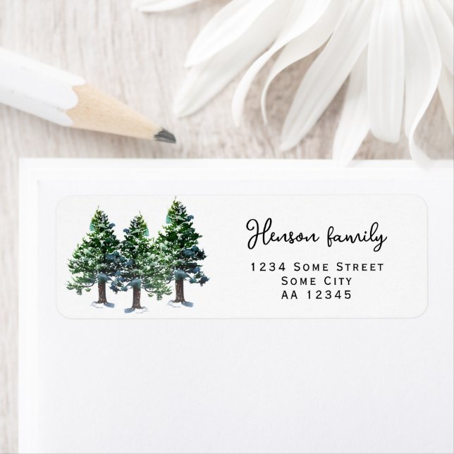 Gräs Träd med Snö Watercolor Returadress Etikett (Insitu)