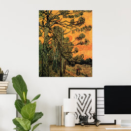 Gräs Träd Red Himlar ställer Sol av Vincent van Go Poster