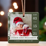 Gräs Träd & Snö Baby, födelseattentat och foto Red Julgransprydnad Keramik<br><div class="desc">Nyfödd bebis födelsetal är fotojulprydnad. Utformningen har två foton, ett foto på framsidan och ett på baksidan. Visning nyfödd bebis. Födelsedatum visas längs sidan och baby namn och födelsestatus längs grund. En grönt med vit snöflingor, gräs träd och hjort läggs till längs fotomets grund. **Observera att du kan ändra bakgrunden...</div>