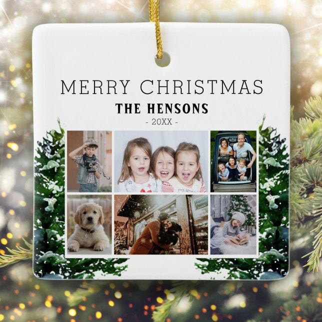 Gräs Träd Snö vattenfärgsfamilj 6 Fotokollage Julgransprydnad Keramik (Skapare uppladdad)