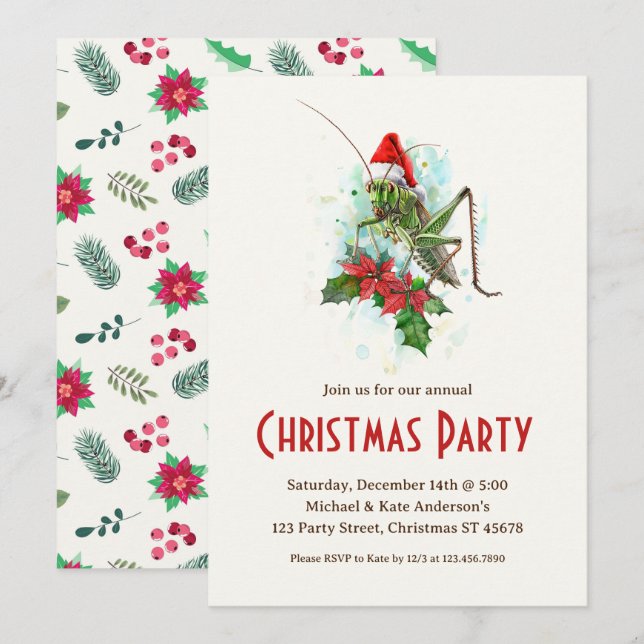 Gräshoppa Santa Hatt Poinsettia Julfest Inbjudningar (Fram/baksida)