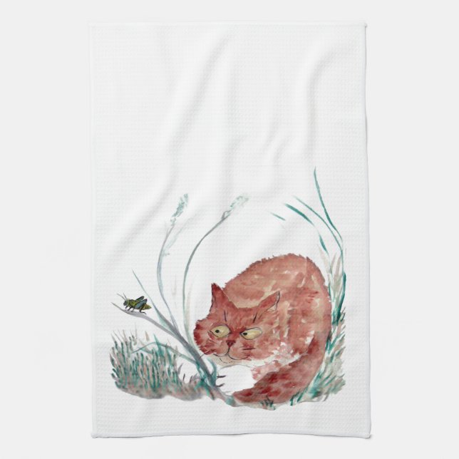 Gräshoppan retar kattungen, Sumi-e Kökshandduk (Vertikal)