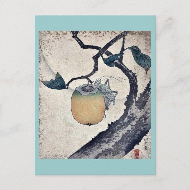 Grashopper åt persimmon av Katsushika Hokusai Vykort (Framsida)