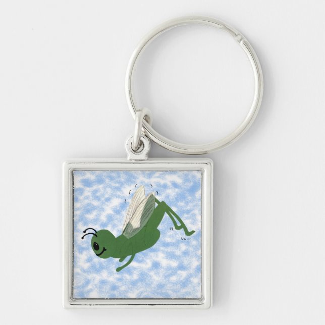Grashopper Whimsical Tecknad Art Fyrkantig Silverfärgad Nyckelring (Framsidan)