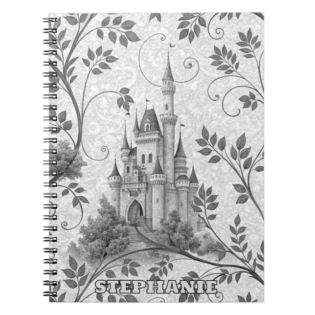 Gråskala Fairytale Castle med Ornate Vine Gräns Anteckningsbok (Framsidan)