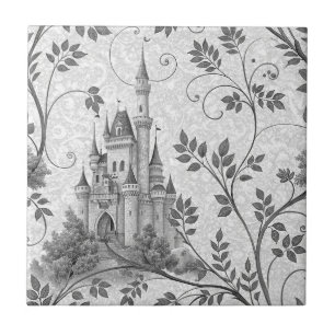 Gråskala Fairytale Castle med Ornate Vine Gräns Kakelplatta