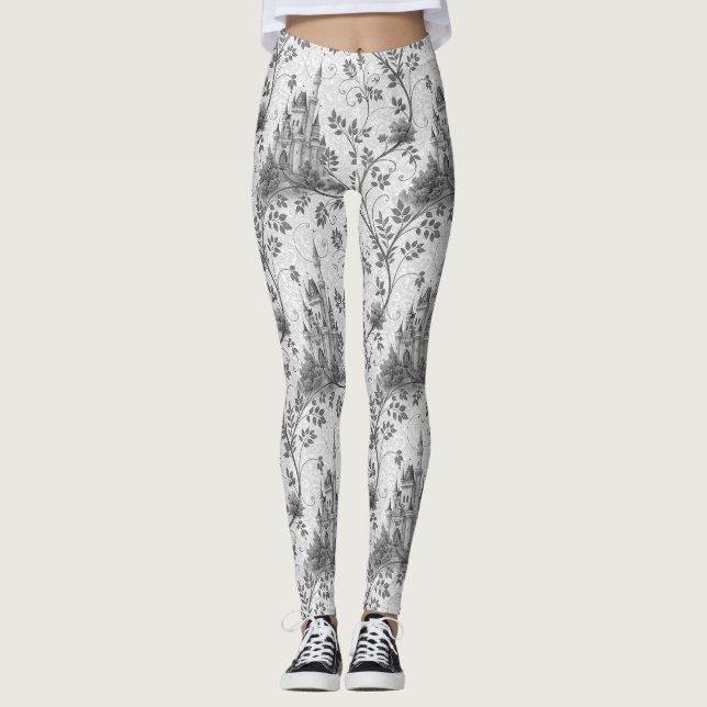 Gråskala Fairytale Castle med Ornate Vine Gräns Leggings (Framsida)