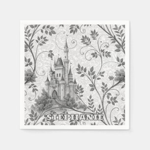 Gråskala Fairytale Castle med Ornate Vine Gräns Pappersservett
