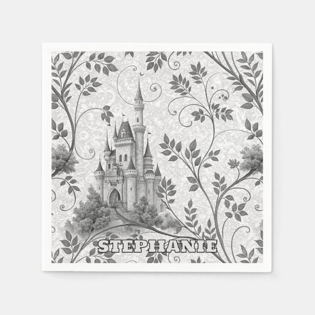 Gråskala Fairytale Castle med Ornate Vine Gräns Pappersservett (Framsidan)