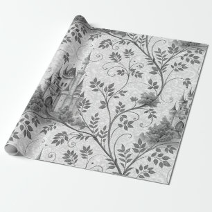 Gråskala Fairytale Castle med Ornate Vine Gräns Presentpapper