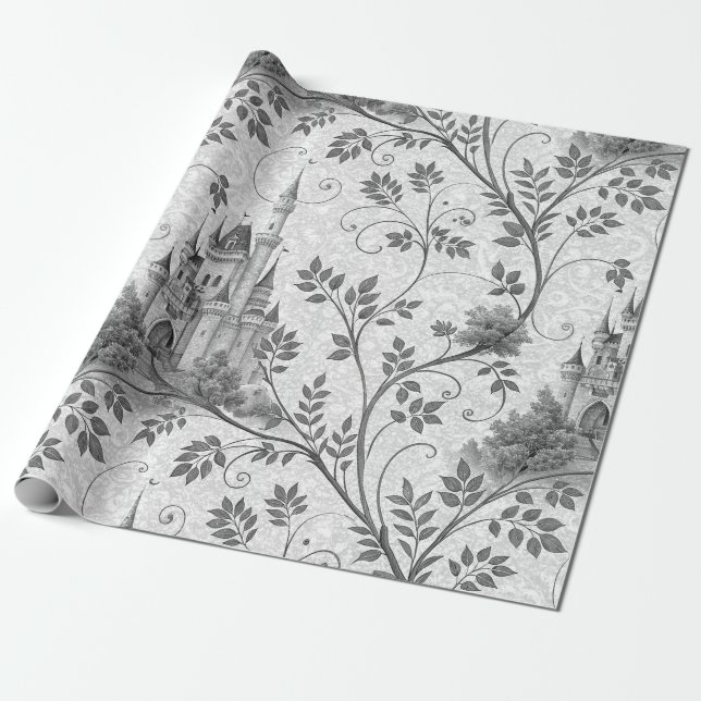 Gråskala Fairytale Castle med Ornate Vine Gräns Presentpapper (Utrullad)