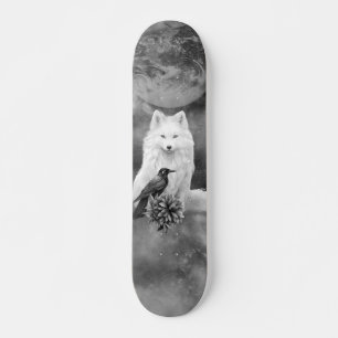 Gråskala Vit Räv Fantasy Raven Månskida Skateboard