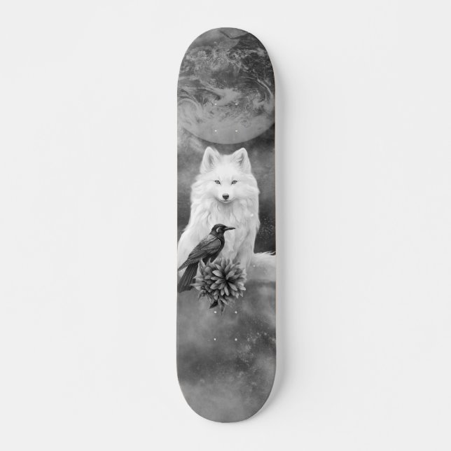 Gråskala Vit Räv Fantasy Raven Månskida Skateboard (Framsida)