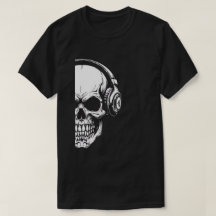 Gråskalig dödskalle med hörlurar Svart T-Shirt