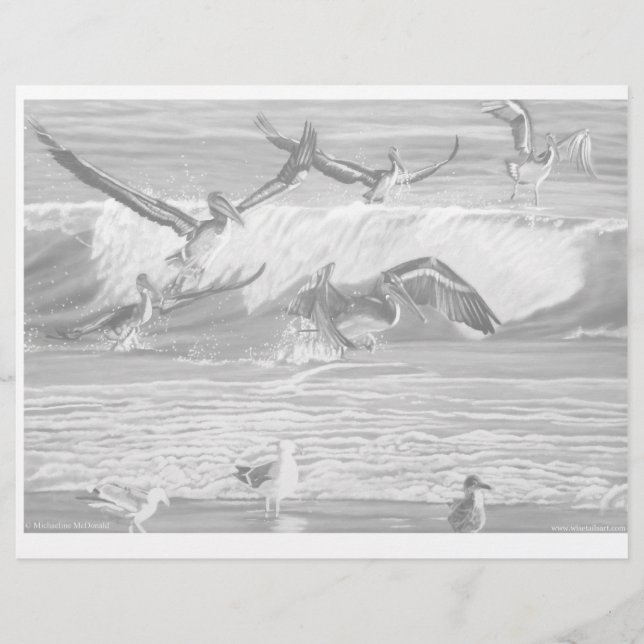 Gråskalig Målarbild av Dansande Pelikaner (Framsida)