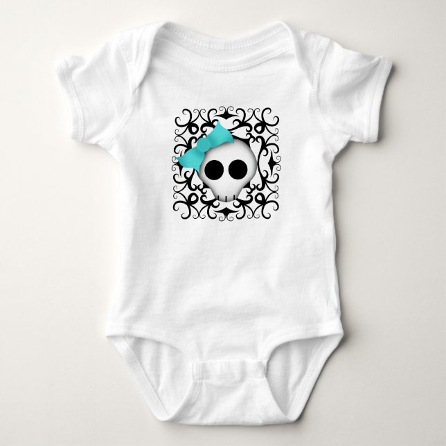 Gråskalle med blå knä på svarta snurrar tee shirt (Framsida)