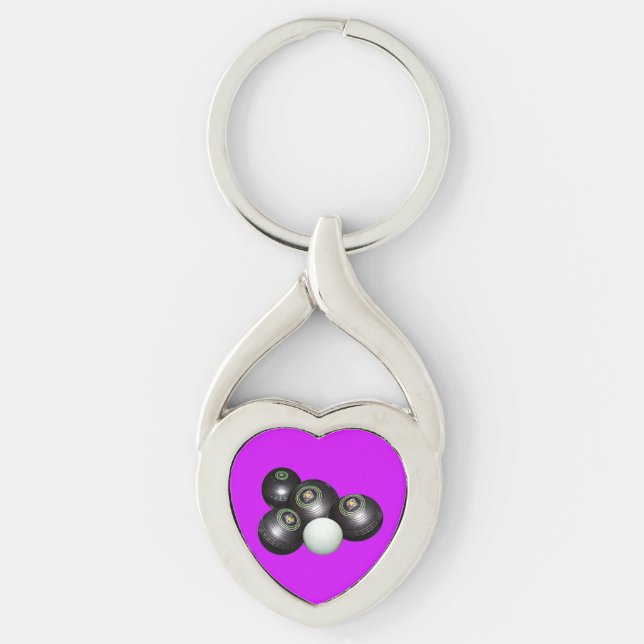 Gräsmatta Bowls och Kattunge om Lila, Twisted Heart Silverfärgad Nyckelring (Framsidan)