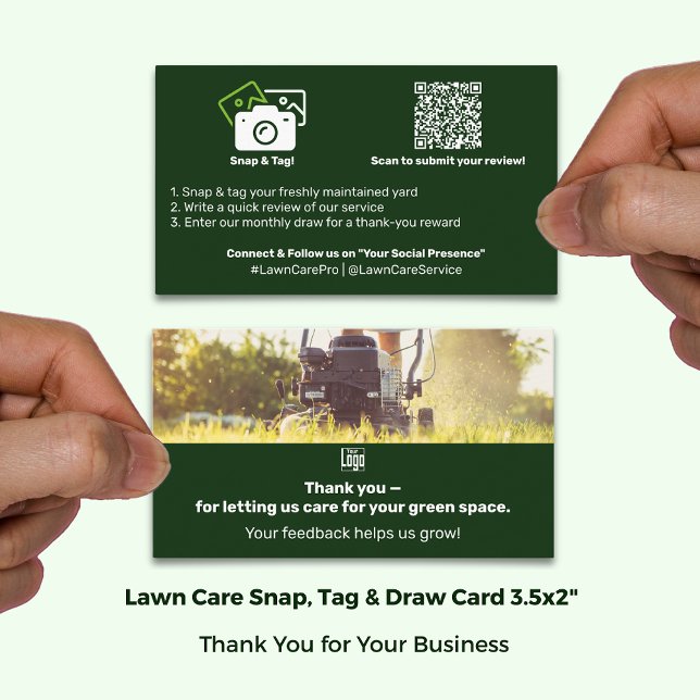 Gräsmatta Logotyp Tack Photo Testimonium & Rabattkort (Lawn Care Logo Thank You Photo Testimonial & Referral Card; Size 3.5x2 Inch, Landscape Format)