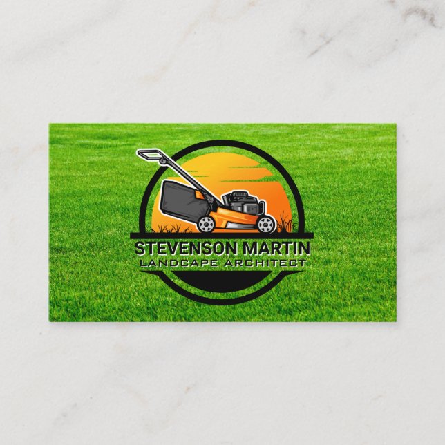 Gräsmatta Mower Landscaping Logotyp | Gräsbakgrund Visitkort (Framsida)