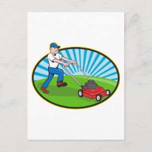 Gräsmatta Mower Man Gardener Tecknad Vykort