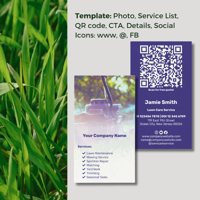 Gräsmatta Service Branding QR Code Photo Gräsmatta Visitkort (Lawn Service Branding QR Code Photo Lawn Mower Business Card, Service List, Icons: www, @, FB)