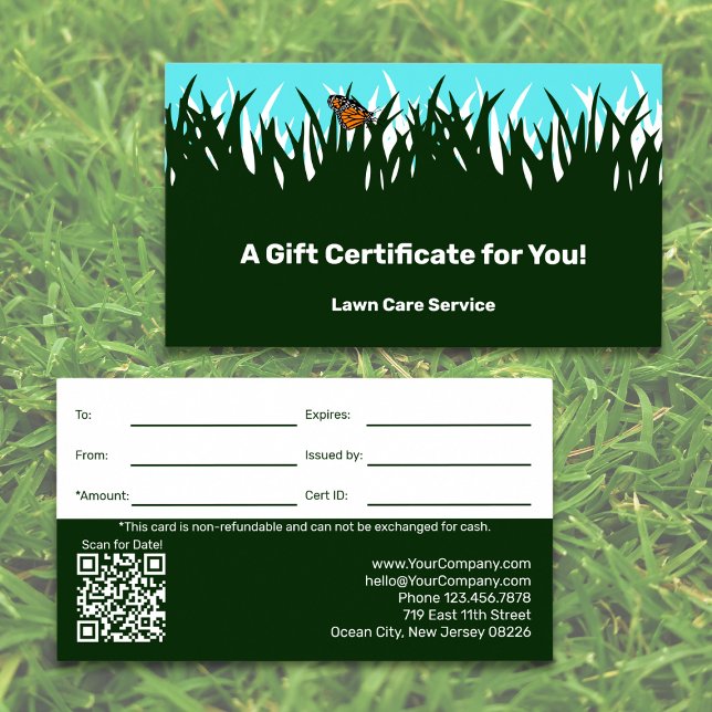 Gräsmatta Service Company Gift-certifikat Visitkort (Lawn Care Service Company Gift Certificate, Green & White)