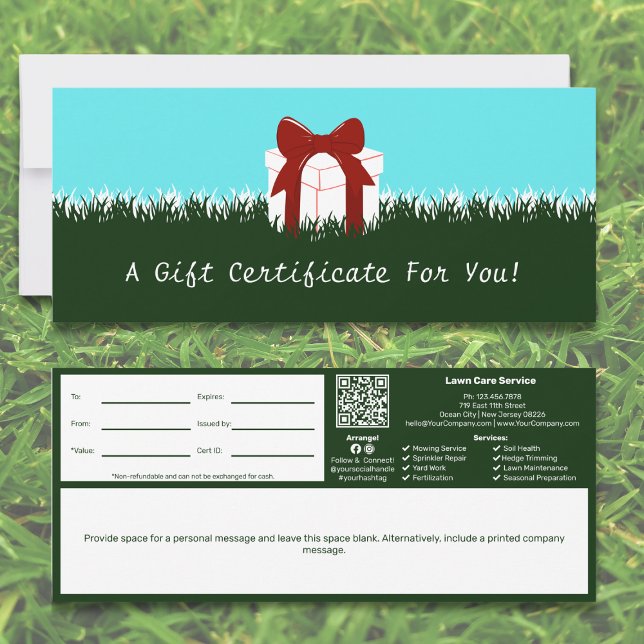Gräsmatta Service Personal Note Gift-certifikat (Lawn Care Service Personal Note Gift Certificate, Green & White)