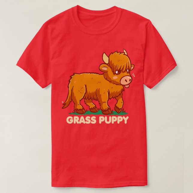 Grass Puppy Scottish Highland Cow T Shirt (Design framsida)