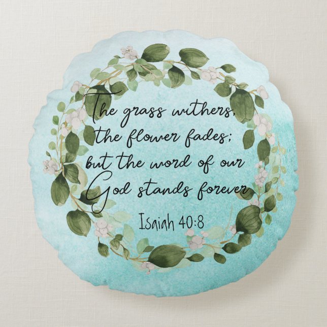 Grass Withers Bible Verse Watercolor Eucalyptus Rund Kudde (Framsidan)