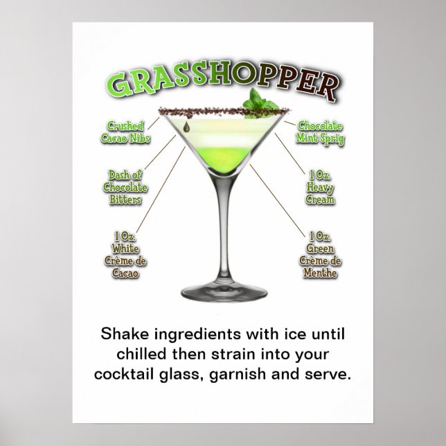 GRASSHOPPER Cocktail Recipe Art 18" x 24" Poster (Framsidan)