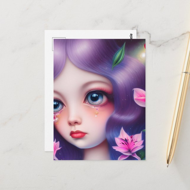 Gråta flicka med Big Blue Ögon Vykort (Fram/Back In Situ)