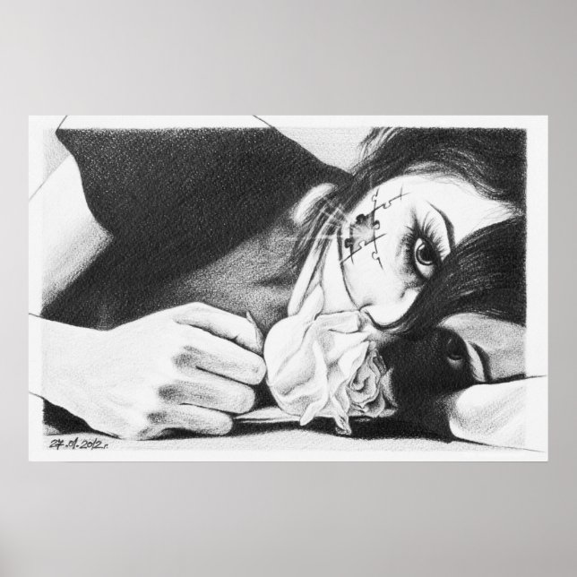 Gråta flicka med ro Surreal teckning art Poster (Framsidan)