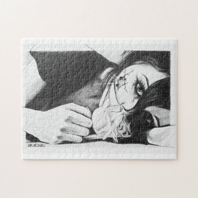 Gråta flicka med ro Surreal teckning art Pussel (Horisontell)
