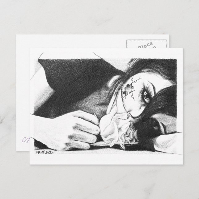 Gråta flicka med ro Surreal teckning art Vykort (Fram/baksida)