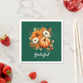 Grateful Autumn Floral Pumpkin Green Square Pappersservett