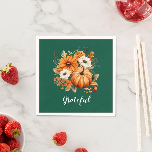 Grateful Autumn Floral Pumpkin Green Square Pappersservett (Insitu)