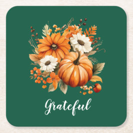 Grateful Autumn Floral Pumpkin Green Square Underlägg Papper Kvadrat